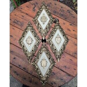 Set Of 4 Coat Of Arms Homco Wall Art Diamond Shape Gold Hollywood Regency Resin